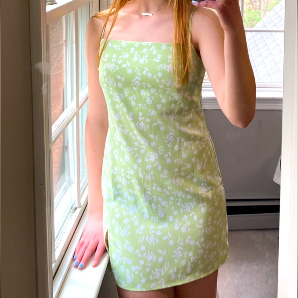 Garage Green and White Floral Silky Slip Dress S